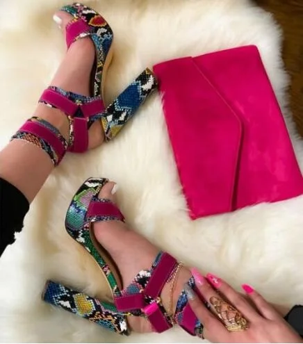 

Newest 2019 Multi Snakeskin Womens Square Heel Sandals Peep Toe Cut-out Ankle Strap Buckle Platform Dress Shoes Big Sale