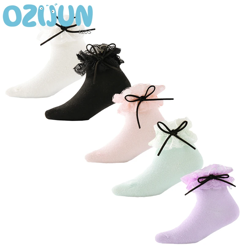 

New Arrivals 2019 Spring Kids Girls Leather Ribbon Bow Lace Short Socks 0-8 Kids Girls Cotton Lace Socks For Children Girls
