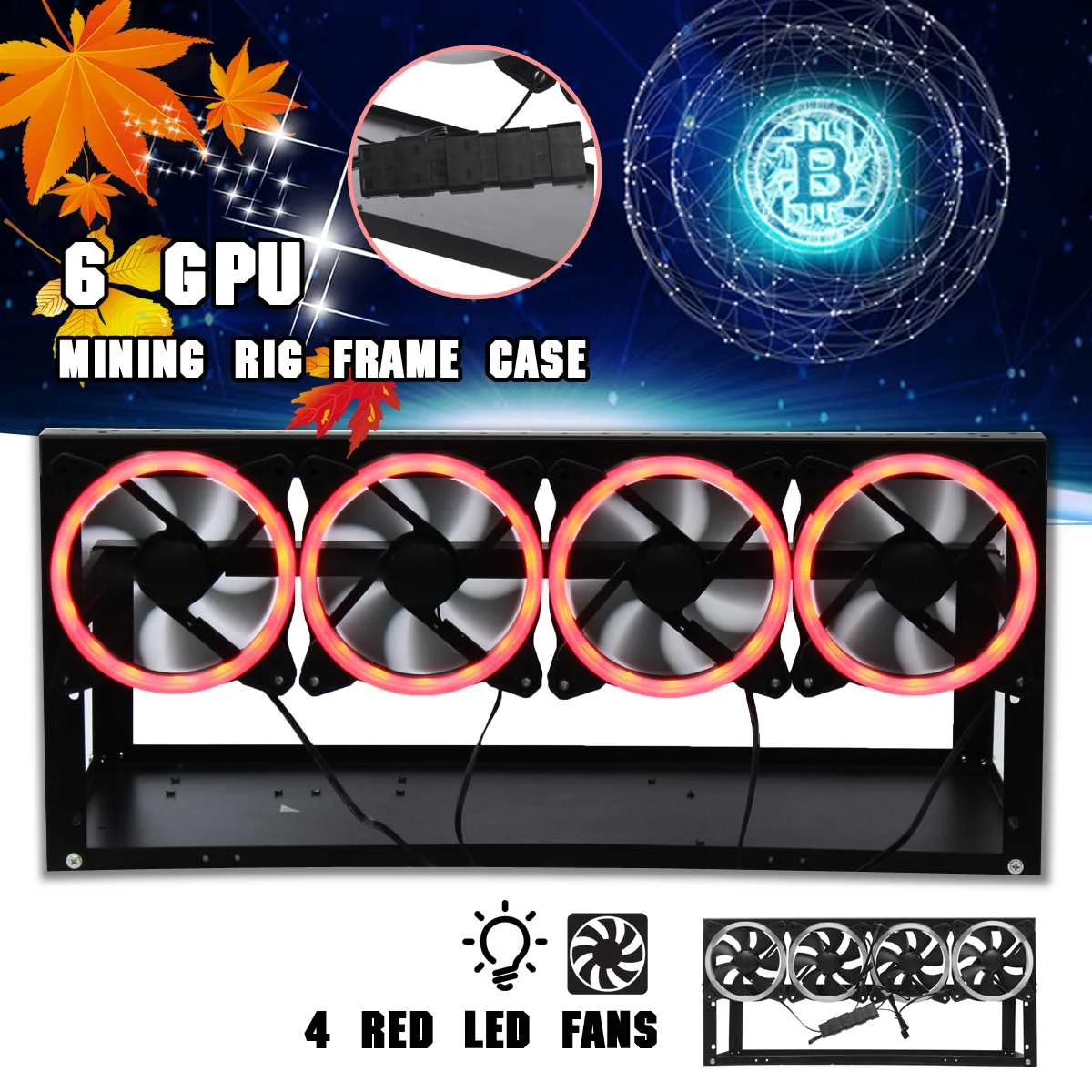

LEORY 6 GPU 4 Fans LED Open Air Pro Mining Computer Alloy Case Frame Red and Green LED Open Air Frame Supply For Bitcoin Miners