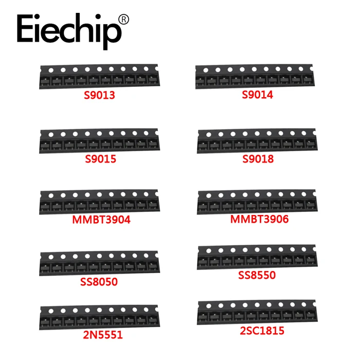 

SOT-23 SMD transistor KIT S9013 S9014 S9015 S9018 MMBT3904 MMBT3906 SS8050 SS8550 2N5551 2SC1815 Total 10kinds X10pcs=100pcs