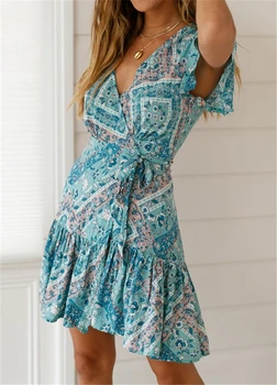 

Women Dress 2019 Summer Sexy V Neck Floral Print Chiffon Dress Boho Style Short Party Beach Dresses Vestidos de fiesta