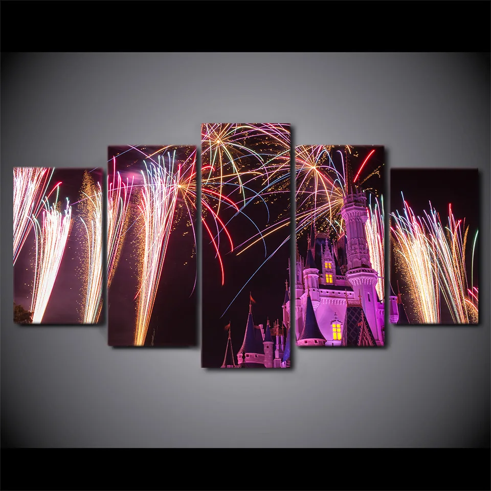 

Canvas Painting all Art Home Decor HD Prints 5 Pieces Landscape Poster Fireworks With Castle Picture For Living Room Framework