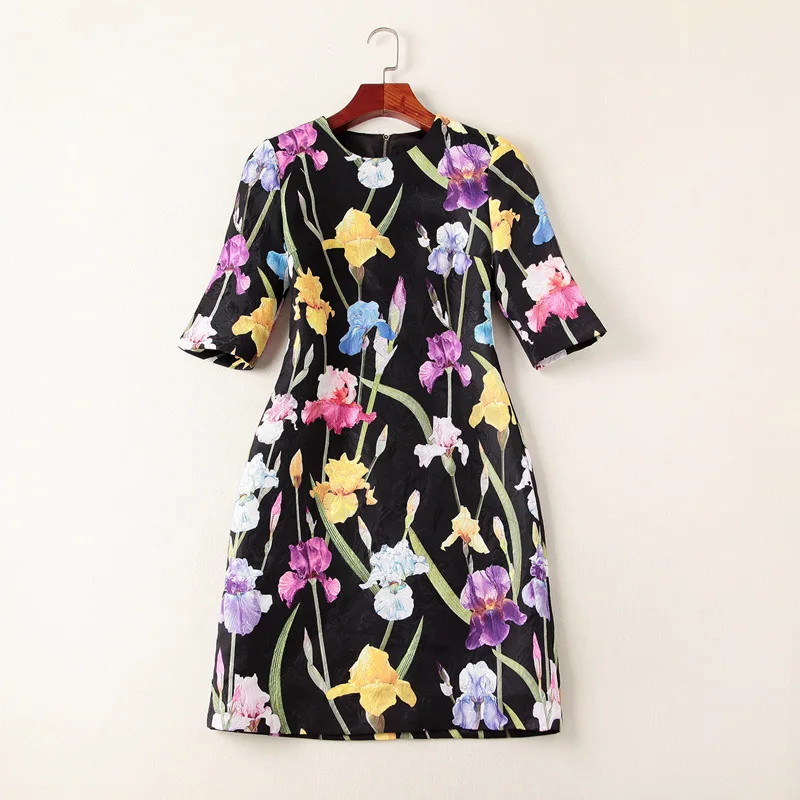 Alta Impreso Vestido Figure Redondo Nueva Runway De Diseñador Manga Cuello Moda wpxtzq0x
