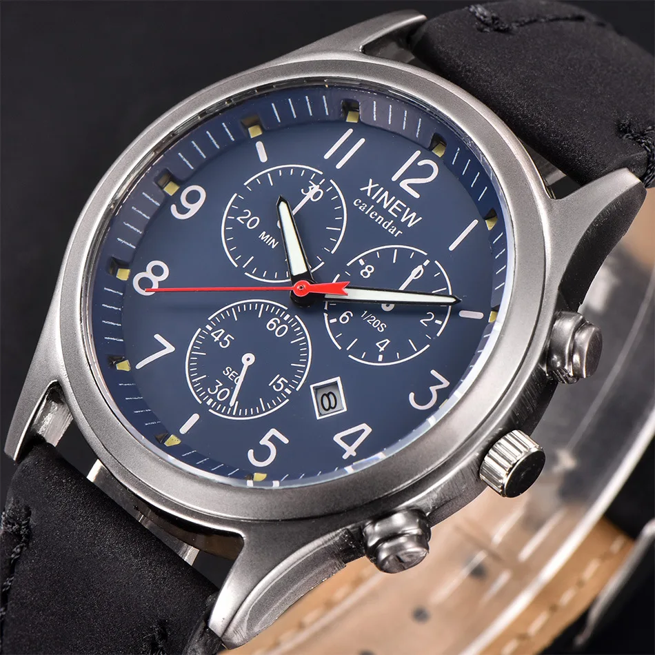 Лидер продаж Xinew группа часы для мужчин Спорт Военная Униформа часы кожа часы календари часы водостойкие кварцевые наручные часы Erkek Saat