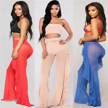 

2019 Summer Ruffles Swim pants Women Beach Mesh Sheer Bikini Cover Up Swimwear Bathing Suit Pant Trousers