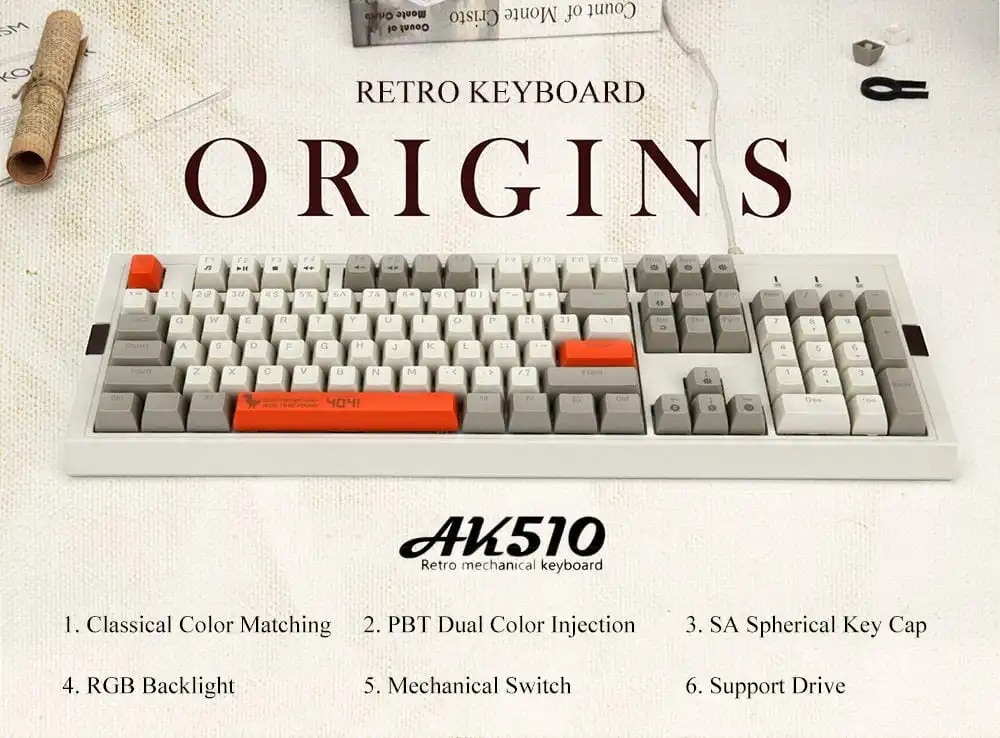Ajazz AK510 Ретро RGB механическая клавиатура 104 клавиша PBT шариковая колпачок