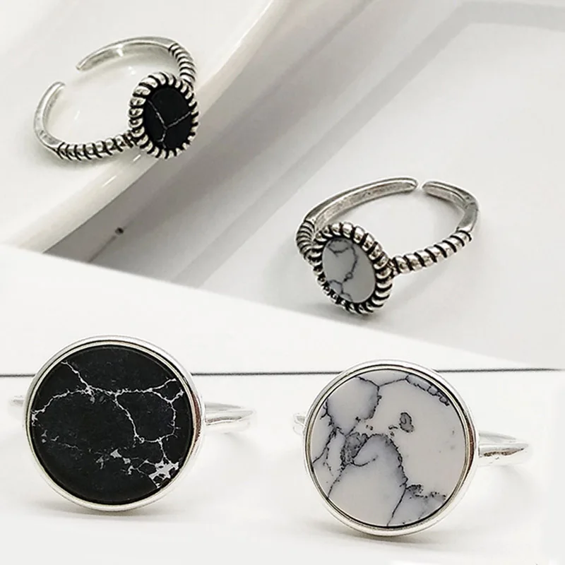 

New Arrival Graceful 1PC Black Ring Silver Girls Open Marbled Stone Round Circle Valentines Gift White Adjustable