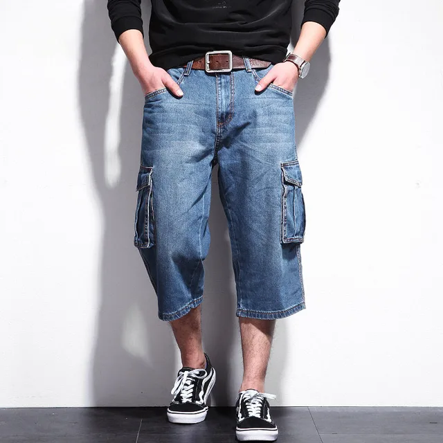 US $28.60 Casual Mens Jeans Shorts Summer Big Pockets Shorts Denim Skateboard pants for Rappers Mens Loose ba