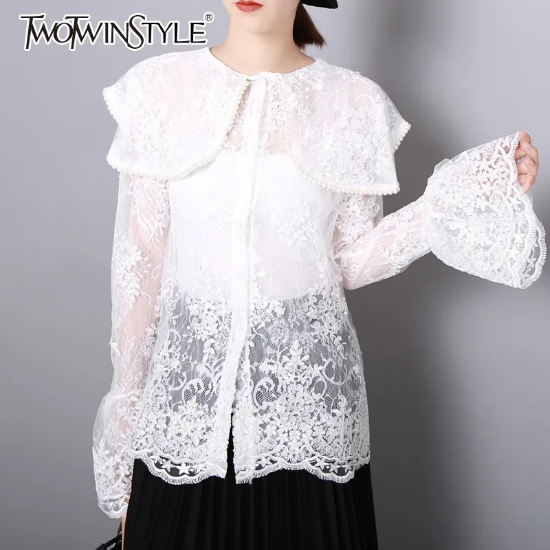 

TWOTWINSTYLE Lace Shirts Tops Female Flare Long Sleeve Perspective Beading Blouse For Women Elegant Fashion Korean 2019 Autumn