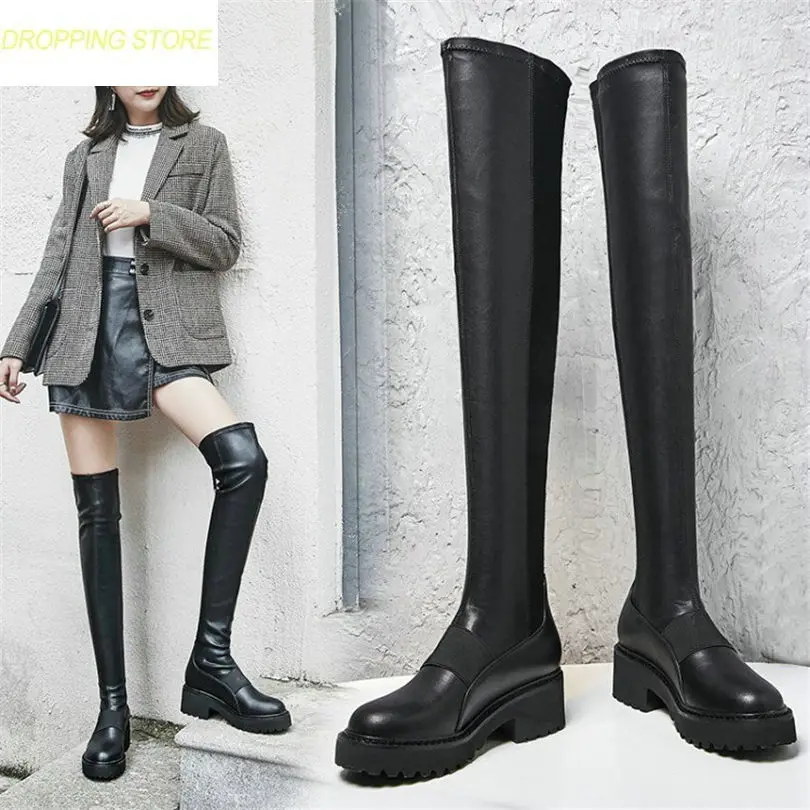 

Elastic Riding Slim Leg Boots Women Black Cow Leather Over The Knee Boots Winter Warm Punk Long Sneaker Shoes 2018
