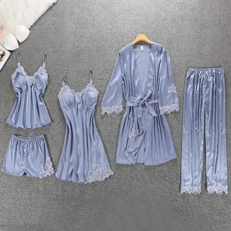 

ZOOLIM Women Pajamas 5 Pieces Satin Sleepwear Pijama Silk Home Wear Home Wear Embroidery Sleep Lounge Pyjama with Chest Pads
