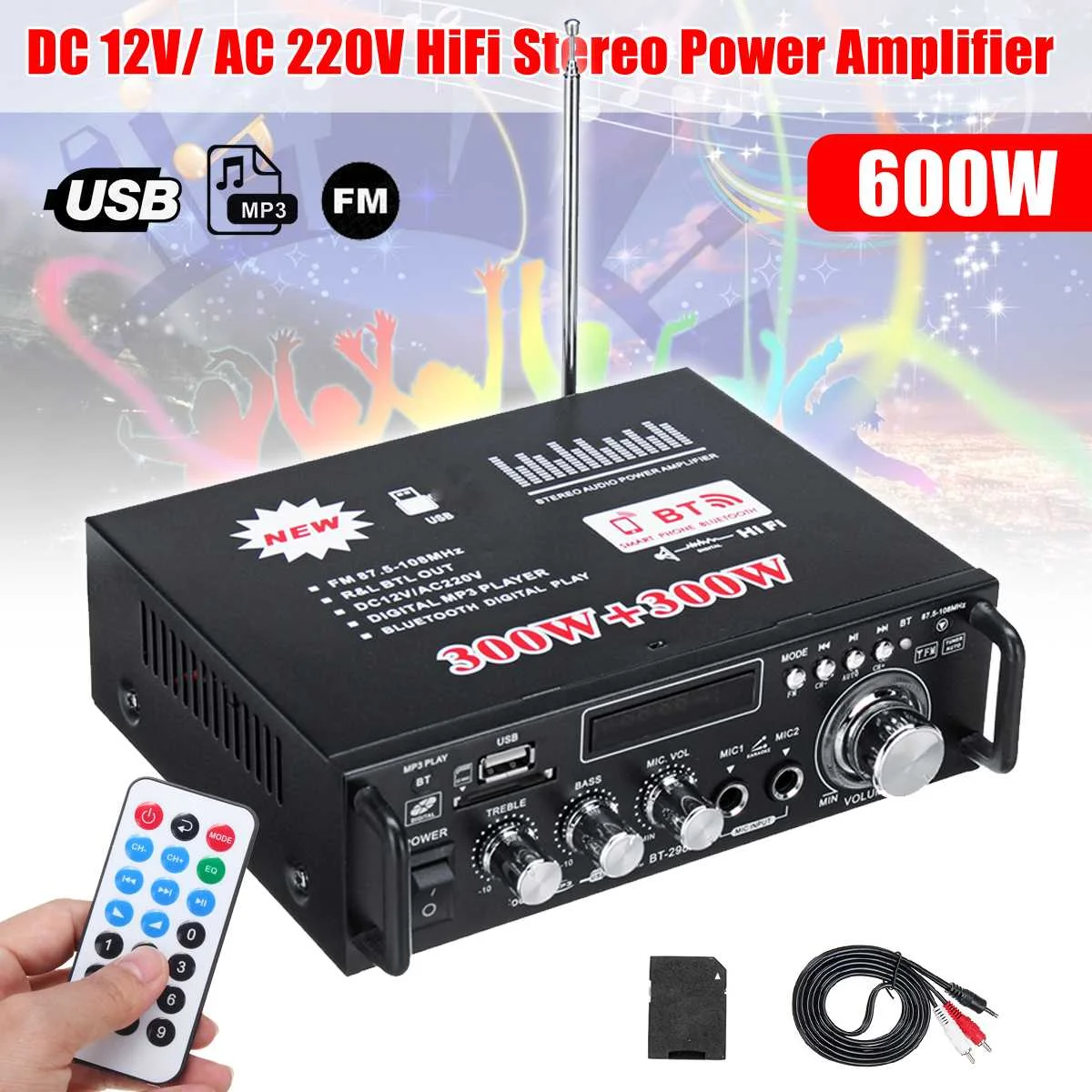 

KROAK 600W 12V 220V Mini USB Car bluetooth HiFi Stereo Audio Power Amplifier Remote Control for Car Auto Home Audio