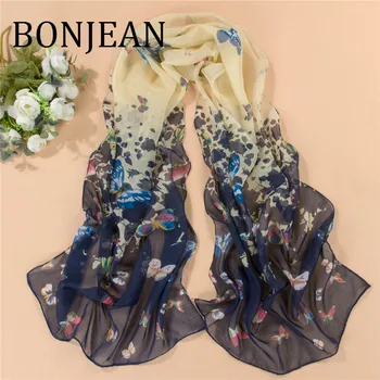 

BONJEAN Chiffon Scarf for Women 2018 Autumn Floral Scarfs Fashion Apparel Accessories Long Print Scarf for Ladies BJ355