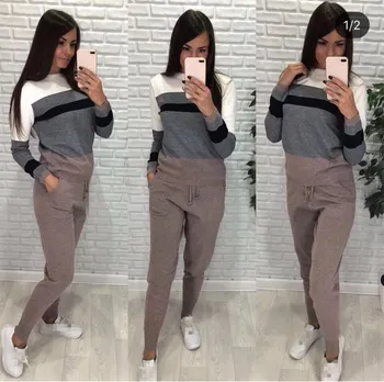 

Spring Trousers Jumper Tops Knitted Tracksuit Pockets Stripe Sweatshirts Casual 2 Piece Set Women Clothing Knit Pant Suit