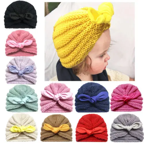 

2019 Newborn Toddler Turban Knitted Beanie Hat Kid Boy Baby Girl Winter Warm Cap Lovely Rabbit Ears Solid Cute Fashion New Sale