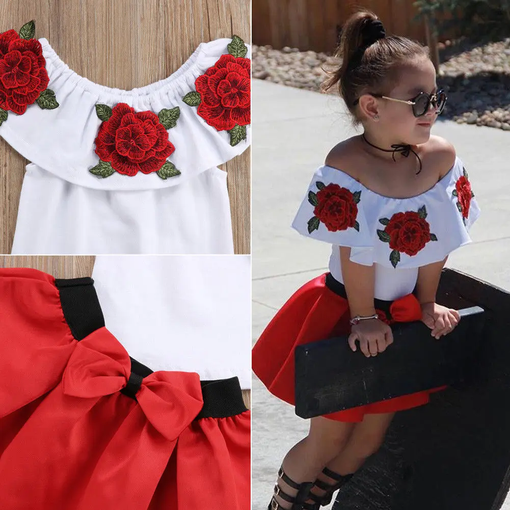 Pudcoco/Одежда для девочек; детская блузка с открытыми плечами и объемными розами для маленьких девочек; топ; платье; юбка; комплект одежды