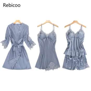 

New 4 pices/set Women's Summer Robe & Gown Sets lace Satin V-neck Nightdress bathrobe female sexy nightwear