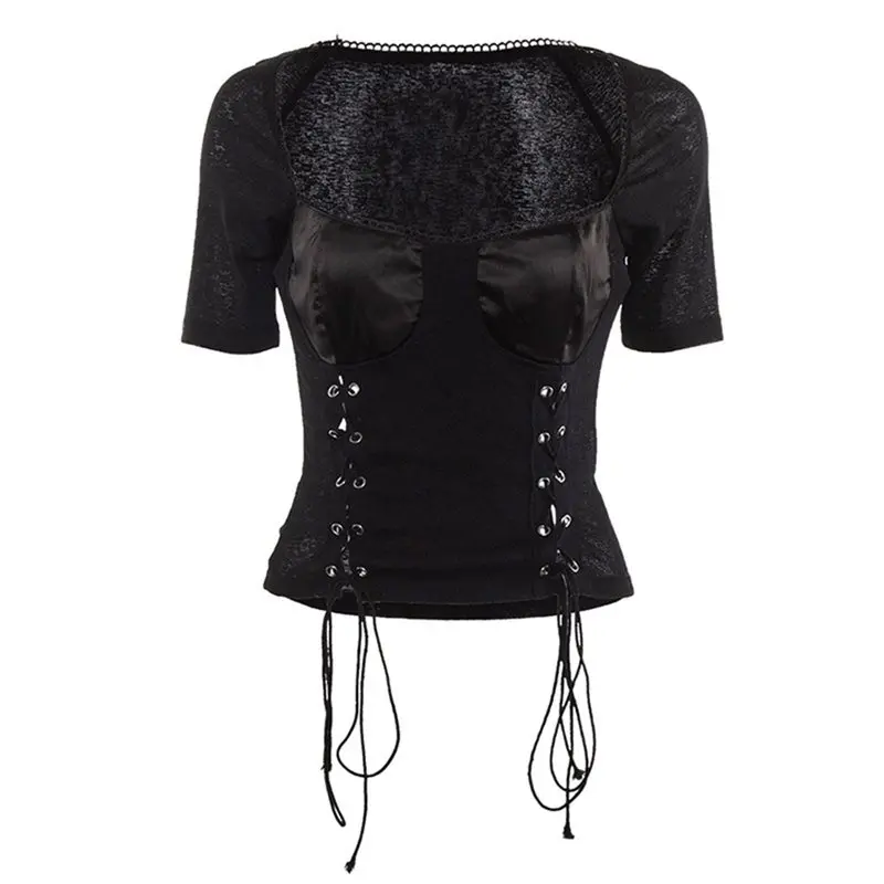 

Gothic Sexy Summer T Shirt Women New Arrivals 2019 White Mesh Top Lace Up Punk Black Crop Tops Ladies Fashion Casual Tee Shirts
