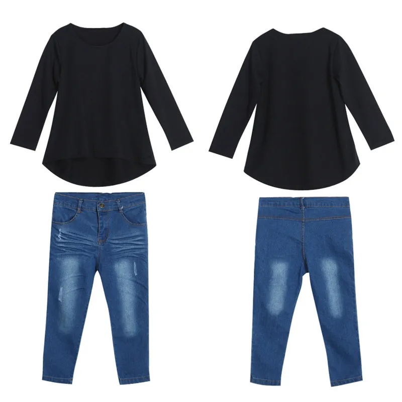 2PCS Outfit Children Suit Fashion Toddler Kids Clothing Set Baby Girls Solid Black Long T-shirt Tops + Jean Denim Pant 