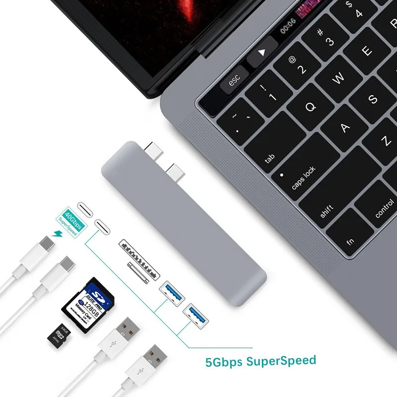 

USB C Type C HUB Thunderbolt 3 Adapter USB-C Combo Dongle Dock 2 input Port TO USB 3.0 SD Slot TF Card with Charging for Macbook