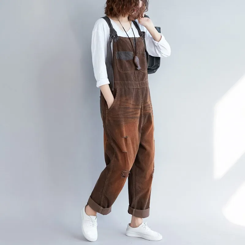 

Loose Casual Corduroy Jumpsuits Retro Vintage Sleeveless Ripped Jumpsuits Backless Overalls Strapless Paysuits Female