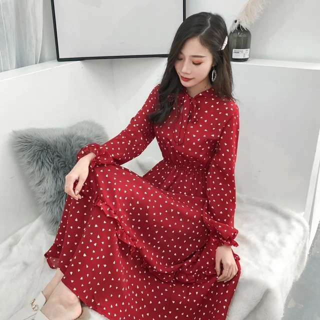 Black,White,Red Polka Dot Vintage Dress New Korean Fashion Women Long