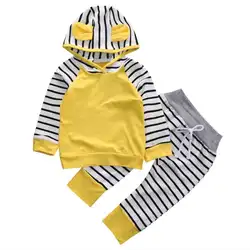 Комплект повседневной одежды для малышей из 2 предметов с длинными рукавами, полосатые толстовки с капюшоном и штаны с ушками