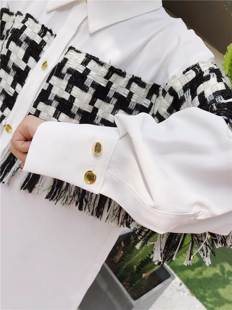 LANMREM Новая модная клетчатая Лоскутная длинная блуза с кисточками Женская белая Повседневная рубашка с длинным рукавом Vestido Весна YE64600