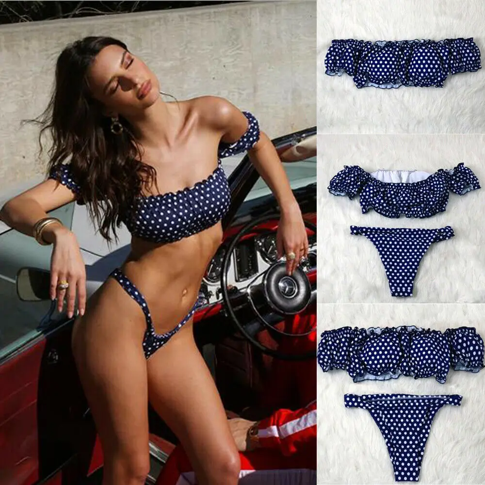 

Women Off Shoulder Bikini Set Polka Dot Push-Up Padded Swimwear Swimsuit Bathing Suit Beach Summer