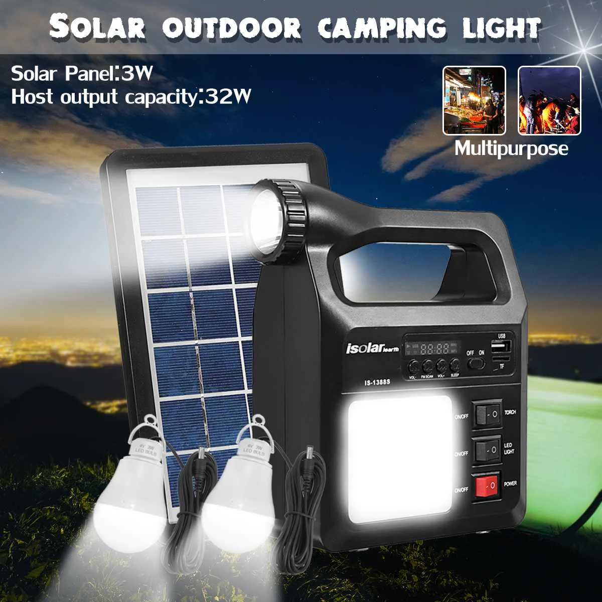 

Solar Lamp Lighting System with 2*LED Light + 3W Solar Panel 4V 8000mAh Generator USB Rechargeable Radio Music Function