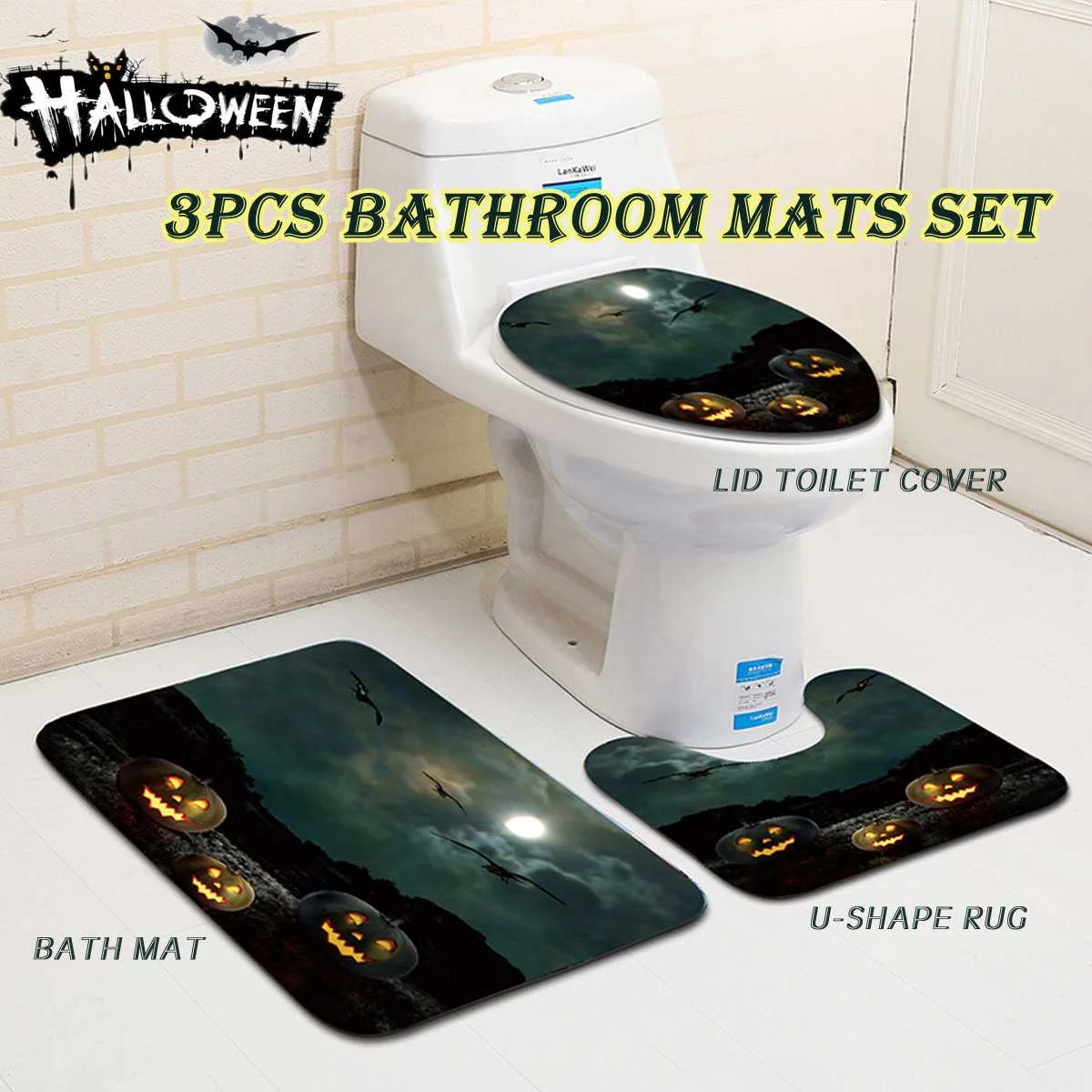

3Pcs Halloween Pumpkin Withered Tree Printed Closestool Cover Slip 45x75cm Bathroom Rug Set Resistance Rugs Shower Mat