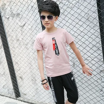 

The Boy's Sport Suit 2018 Summer New Boy Fashion Chest Ribbon Suit Pink Gray White Color 4-12 Ages