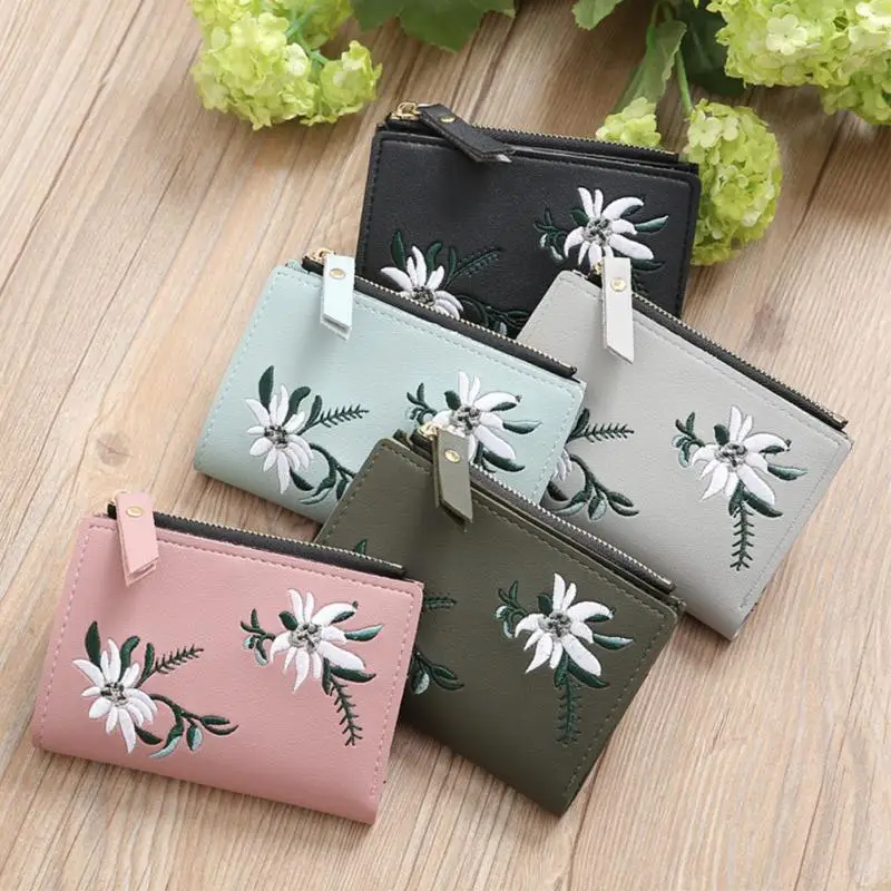 

Fashion Women Card Holder Flower Leather Short Cash Print Purse Embroidery Wallet