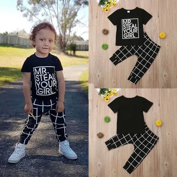 オンライン 新ファッション幼児キッズベビーボーイ半袖 Tシャツチェック柄パンツレギンス 2 ピース衣装服 1-6Y