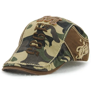 

DSGS Vintage Camo Military Beret Adjustable Letter Eembroidery Golf Driving Beret Buckle Camouflage Flat Caps Unisex
