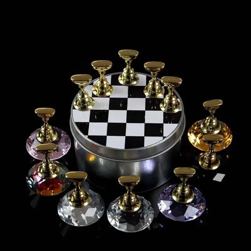 1 Set Nail Art Tips Practice Stand Crystal Rhinestone Fake Nail Tips Holder Chess Board Design 4