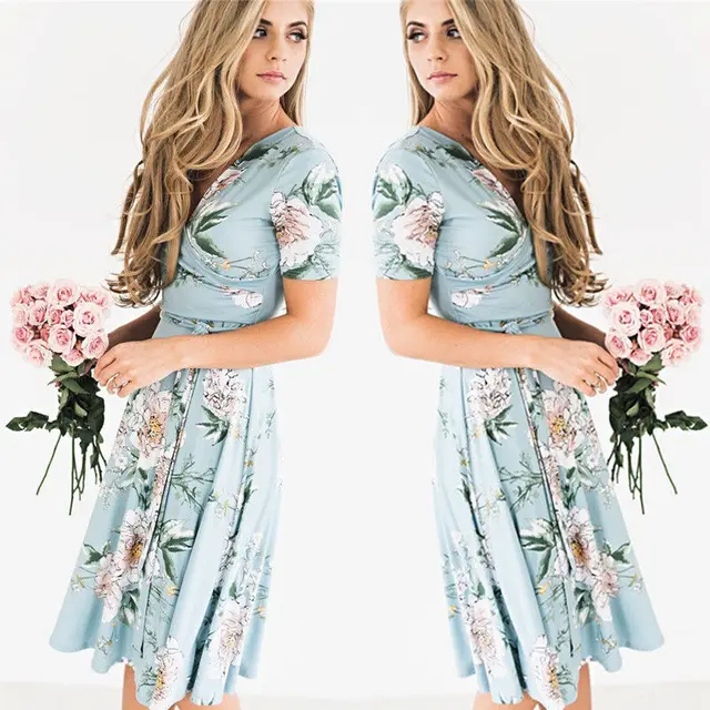 3 Colors Newest Arrival Women Summer Bohemian Floral V-Neck Dress Ladies Loose Empire Fashion Casual Dress Sundress Outfits 5