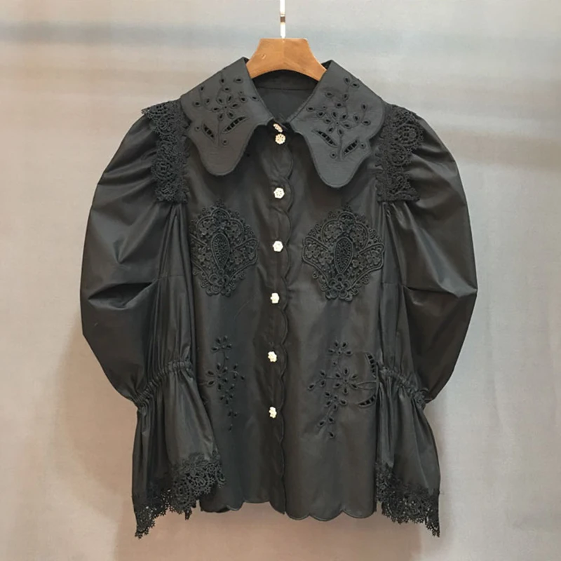GALCAUR элегантная кружевная женская блузка, пэчворк, с отворотом, с расклешенными рукавами, открытая Свободная рубашка, топ, Женская Летняя мода