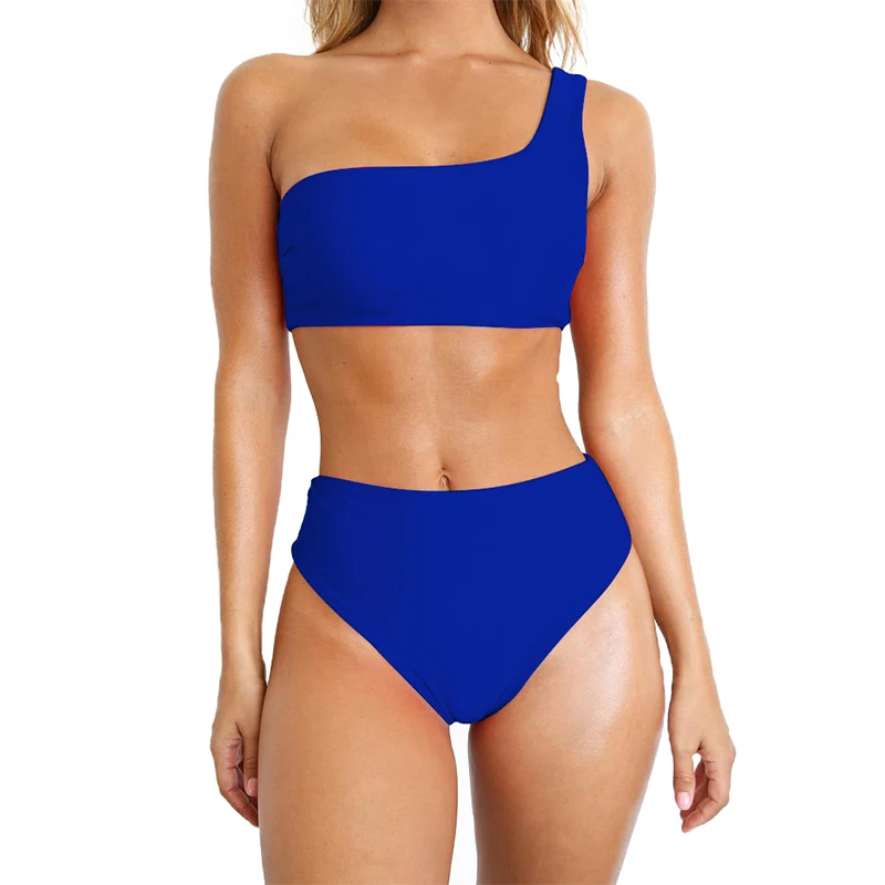 

Sexy Women Two Pieces Swimsuit One Shoulder Solid Bikini Set push up bikini Bathing High waist Swimwear oversize Swimsuit 2019