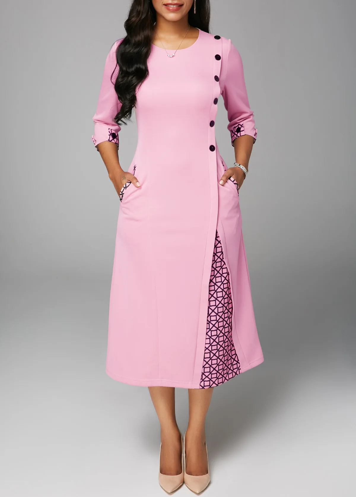 

2018 Pink Work Wear Dress Fashion Patchwork Casual Style A-line Long Dress Office Half Sleeve O-Neck Dress