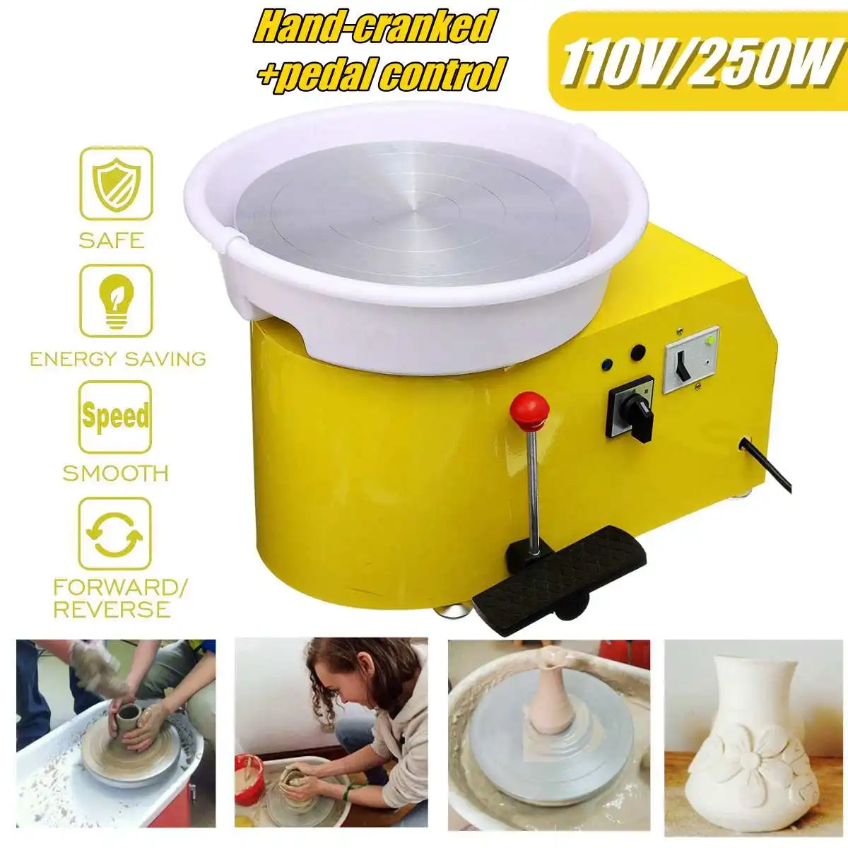 

Pottery Wheel Machine 32cm 110V 250W Hand-cranked + pedal control peda Ceramic Work Clay Art With Mobile Smooth Low Noise