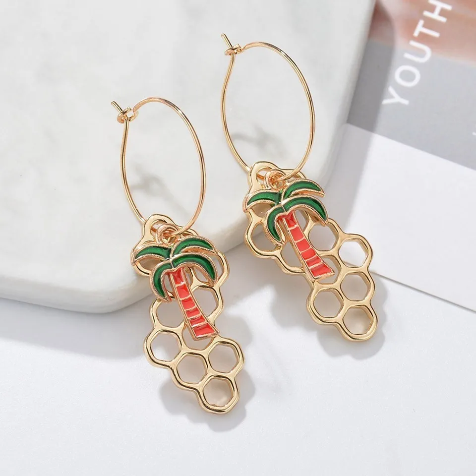 

Women Trendy Coconut Tree Drop Earrings Lucky Plants In Hexagon Gold Color Trendy Jewelry Handmade Drop Earings Wedding Jewelry