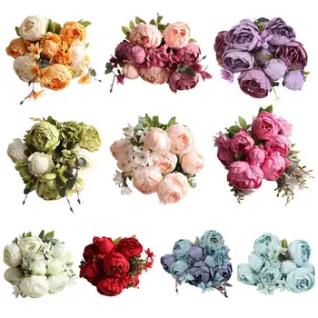

Hight Quality Silk Flower European 1 Bouquet Artificial Flowers Fall Vivid Peony Fake Leaf Wedding Home Party Decoration
