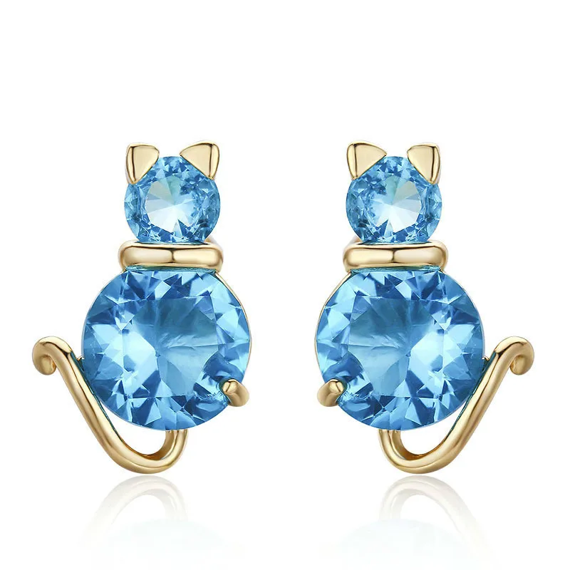 

Cute Blue CZ Kitten Kitty Cat Gato Piercing Stud Earrings For Women Girls Kids Anti-Allergic Yellow Gold Color Jewelry Aros