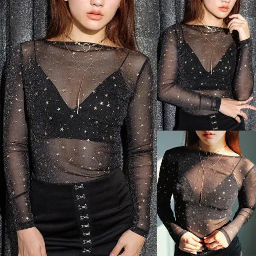 

Sexy Women See through Sheer Mesh Long Sleeve Slim Black Tee Tops Blouse