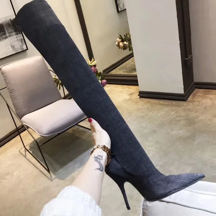 Sexy Haute As Hauts Bottes Chaussures Stretch Runwa Cheville Pic Denim Pic Bérets De Conception Bout Genou Talons D'été Printemps Femmes Femme as 2019 Pointu vxqfRww