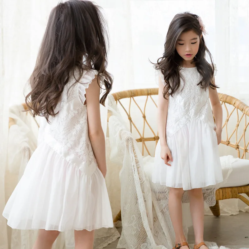 2021 New Summer Sleeveless White Lace Dress Ruffle Princess Costume Age for 4 - 14 Yrs Teenage Girls School Style Party Frocks | Детская