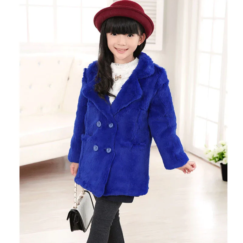 

Fashion Girls Rex Rabbit Fur Coat Children winter warm Outerwear Coats Army Girls Whole Kids Long V-Neck Solid Clothing C#24