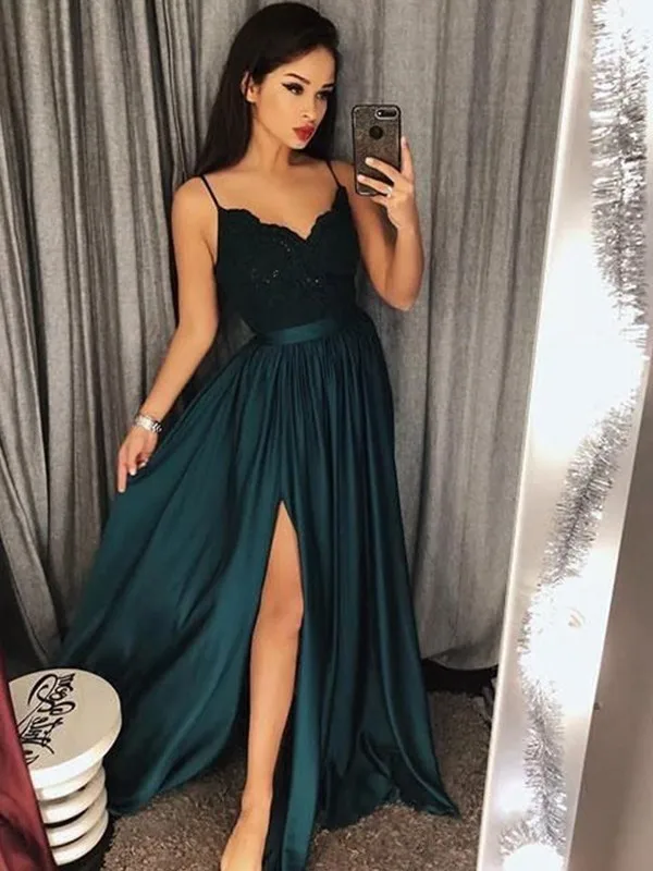 

A-Line Spaghetti Straps Sleeveless Floor-Length Silk like Satin v Neck Long Evening Dress Slit