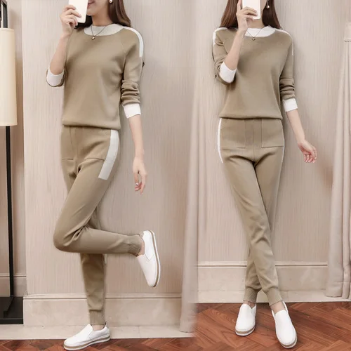 

2019 Winter Knitted Warm Suit Casual Round Collar Sweater Sweater Pants Loose Style Knit Two-Piece Sets